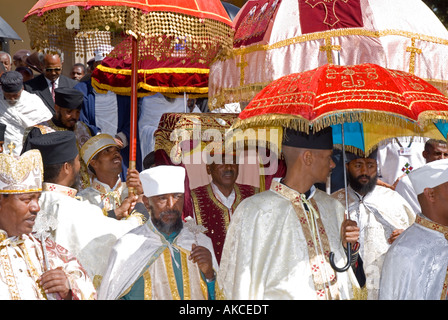 Clergy of the Ethiopian Orthodox Tewahedo Church carrying a 'Tabot' during a procession at the feast of Timkat in Addis Abeba Stock Photo