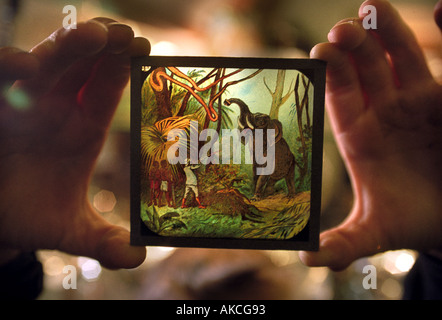 A SLIDE DEPICTING A COLONIAL HUNTING SCENE FOR A VICTORIAN MAGIC LANTERN Stock Photo