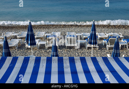 Early morning on a deserted beach, Promenade de Anglais, Nice, France Stock Photo