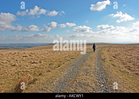 Woman walking along a track on Dartmoor in Devon Stock Photo