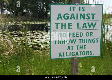 Florida US 27,Everglades,Sawgrass Recreational Park,information,broadcast,publish,message,advertise,do not feed alligators,visitors travel traveling t Stock Photo