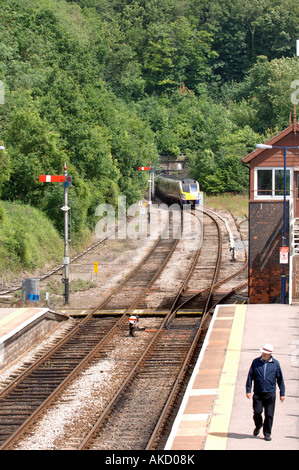 A MAN WALKS ALONG THE PLATFORM OF LEDBURY RAILWAY STATION AS A TRAIN EMERGES FROM THE TUNNEL Stock Photo