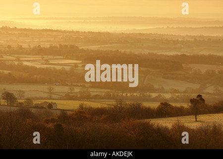 A landscape view of early morning mist rising off the Somerset Levels near the city of Wells, England. Stock Photo