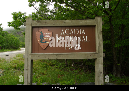 Entrance Sign at Acadia National Park in Maine United States. Stock Photo