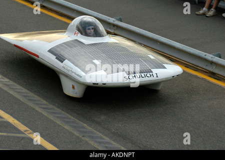 A solar racing car. This vehicle uses photovoltaik technology to convert sunshine into energy through its solar panels. Stock Photo