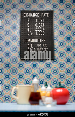 Trading board on wall with wallpaper, containers and mug, selective focus Stock Photo