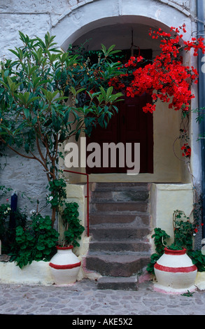 Europa, Griechenland, Lesbos, Petra, Wohnhaus, Eingang mit Blumen Stock Photo