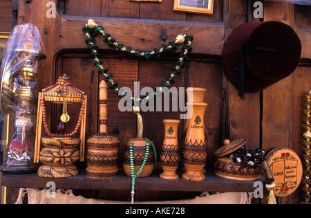 Souvenirs from Byblos and Lebanon on display in the souk or market Byblos (Jbail), Lebanon. Stock Photo