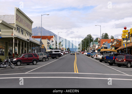 Downtown Seward Alaska AK U S United States Kenai Peninsula Resurrection Bay shops stores Stock Photo