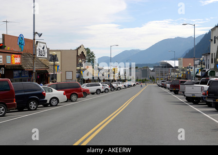 Downtown Seward Alaska AK U S United States Kenai Peninsula Resurrection Bay shops stores Stock Photo