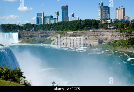 USA side of Niagara Falls with a view of rushing waterfalls and mist rising from the powerful flow, New York. Stock Photo