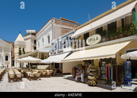 Restaurant and shops, St Marks Square (Aghios Markou Sq), Zakynthos Town, Zakynthos (Zante), Ionian Islands, Greece Stock Photo
