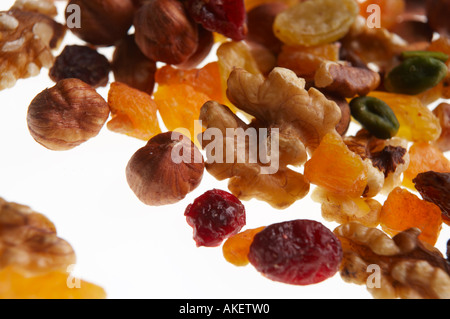 SELECTION OF MIXED NUTS AND FRUITS Stock Photo