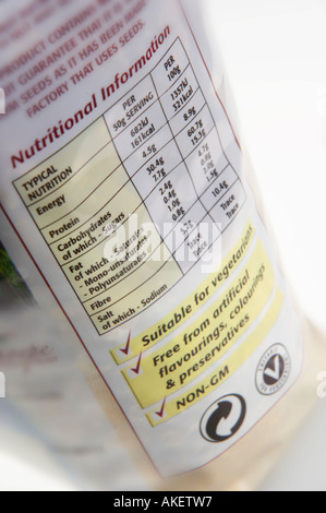 NUTRITIONAL INFORMATION ON PACKET OF BREAKFAST MUESLI Stock Photo