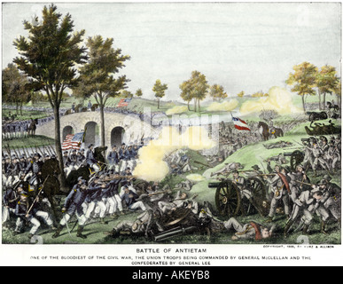 Union troops battling their way across Burnside Bridge in the Battle of Antietam, US Civil War. Hand-colored halftone of a painting Stock Photo