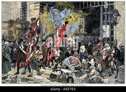 Mob liberating prisoners after capturing the Bastille in the French Revolution. Hand-colored woodcut