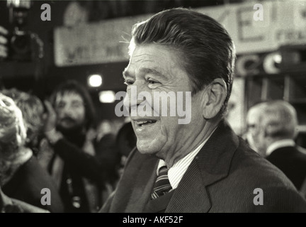 United States President Ronald Reagan campaigning in 1980 at his alma mater Eureka College in Eureka Illinois Stock Photo