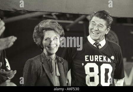 United States President Ronald Reagan campaigning in 1980 with his wife Nancy at his alma mater Eureka College in Eureka Ill Stock Photo