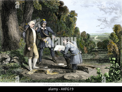 Capture of British spy John Andre and discovery of Benedict Arnold treason plot 1780. Hand-colored engraving Stock Photo