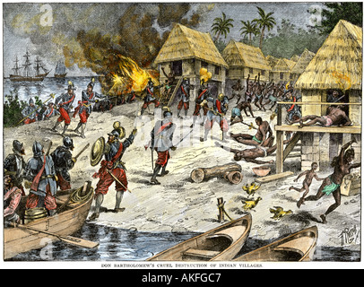 Bartholomew Columbus cruel destruction of native villages on Hispaniola. Hand-colored woodcut Stock Photo