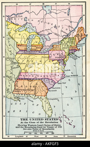 Map of the United States at the close of the American Revolution 1783. Color lithograph Stock Photo