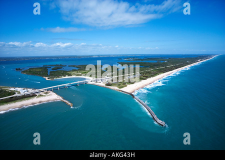 Aerial view of Indian River Lagoon Scenic Highway on Melbourne Beach Flordia with inlet and pier Stock Photo