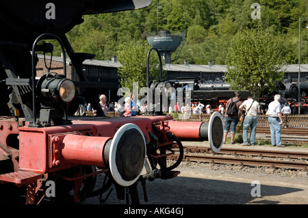 Display of preserved steam locomotives during 30th birthday celebrations, Bochum Railway Museum (countries largest) in Germany. Stock Photo