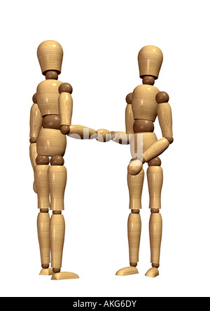 jointed dolls shaking hands Gliederpuppen beim Handshake Stock Photo