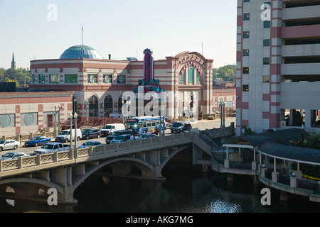 ILLINOIS Aurora Exterior of Hollywood Casino bridge over Fox River and covered walkway Stock Photo