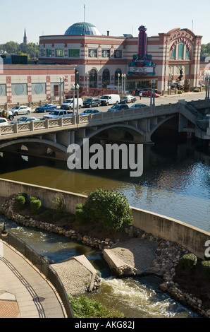 ILLINOIS Aurora Exterior of Hollywood Casino bridge over Fox River and canoe chute parallel main river parking garage Stock Photo