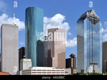 Skyscrapers in downtown Houston made with highly reflective windows help to keep the building cool in the blistering Stock Photo