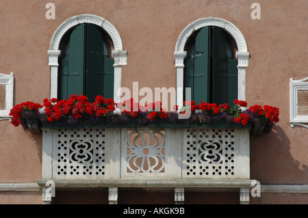 Venetian balcony with a profusion of carnations Stock Photo