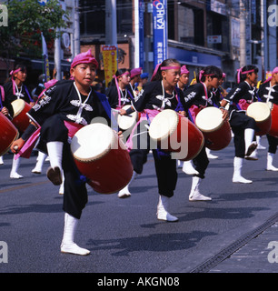 Taiko drummers at the 10 000 person Eisa Festival on Kokusaidori in Naha Okinawa Japan Stock Photo