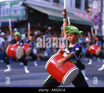 Taiko drummers at the 10 000 person Eisa Festival on Kokusaidori in Naha Okinawa Japan Stock Photo