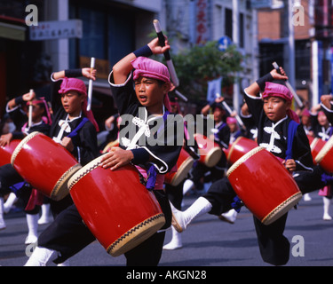 Taiko drummers at the 10 000 person Eisa Festival on Kokusaidori in Naha Okinawa Japan Stock Photo