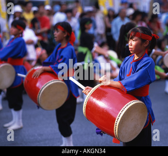 Taiko drummers at the 10 000 person Eisa Festival on Kokusaidori in Naha Okinawa Japan Stock Photo