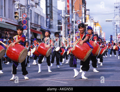 Taiko drummers at the 10 000 person Eisa Festival on Kokusaidori in Naha Okinawa Japan Stock Photo