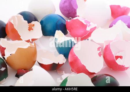 after easter scenario colorful eggshells on white Stock Photo