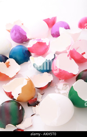 after easter scenario colorful eggshells on white Stock Photo
