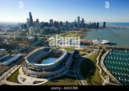 Aerial view of Chicago Illinois skyline with Soldier Field Stock Photo