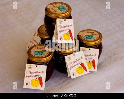 Pepper's jams, Peppers festival, Carmagnola, Piedmont, Italy Stock Photo