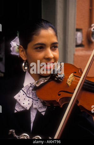 1, one, Mexican woman, Mexican, woman, violinist, playing violin, violin, violin player, musician, mariachi band, Tlaquepaque, Jalisco State, Mexico Stock Photo