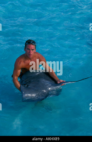 adult man holding South Atlantic Stingray, South Atlantic Stingray, Atlantic Stingray, Stingray City, Grand Cayman Island, Cayman Islands, Caribbean Stock Photo