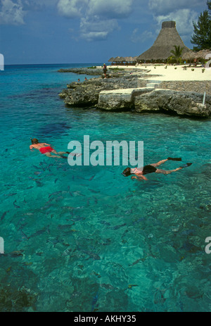 people, man, woman, couple, tourists, snorkeler, snorkelers, snorkeling, Chankanaab Lagoon, Cozumel island, Quintana Roo State, Mexico Stock Photo