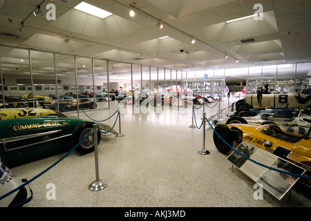 Inside the Indianapolis Motor Speedway Hall of Fame Museum with its exhibition of racing cars and memorabilia Stock Photo