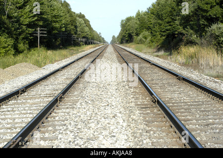 A double set of railroad tracks lead to infinity Stock Photo