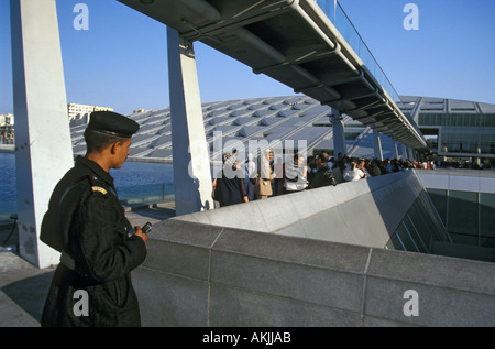 Policeman Guarding the Library of Alexandria, Egypt Stock Photo