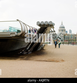 St Paul millennium bridge Bankside City London monochrome dusk concrete buttress support rampart strength strong structural Stock Photo