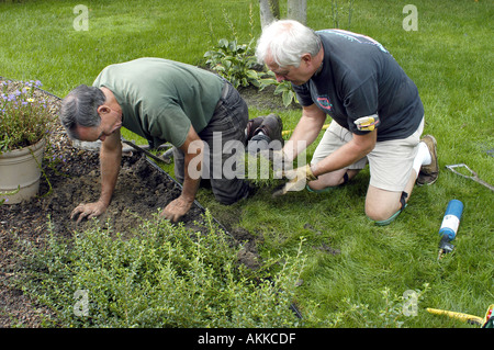 2 late middle age men do lawn irrigation as a second career Stock Photo