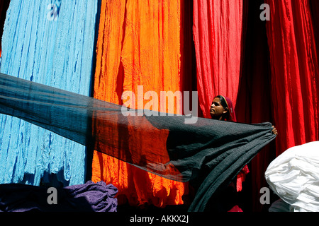 India, Rajasthan, drying of strips of cotton for sari fabrication Stock Photo